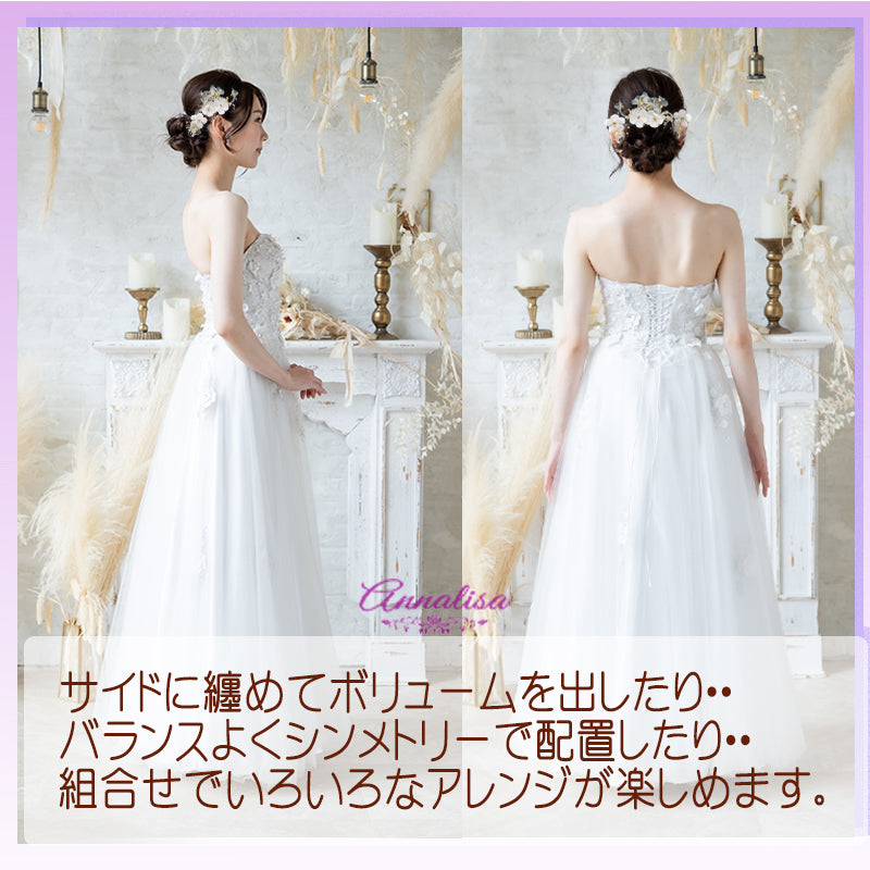 サテンとオーガンジーの花モチーフにパールとラインストーンをあしらったヘッドドレス