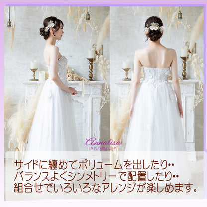 サテンとオーガンジーの花モチーフにパールとラインストーンをあしらったヘッドドレス